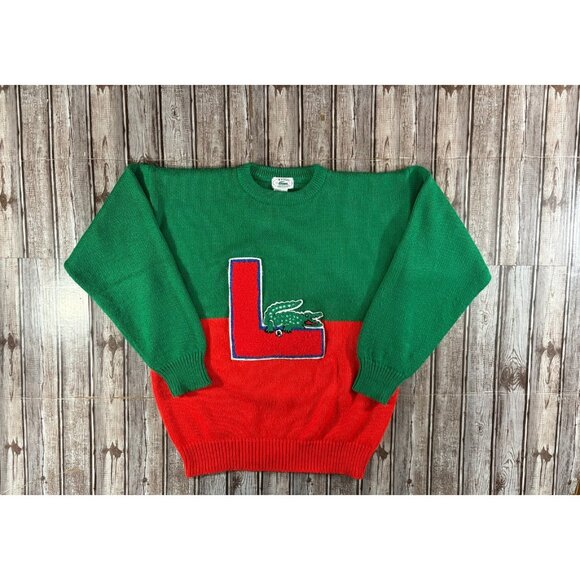 Izod Lacoste Acrylic Crocodile Big Logo sweater Sz XL c: red green Rare Vintage - Picture 1 of 6